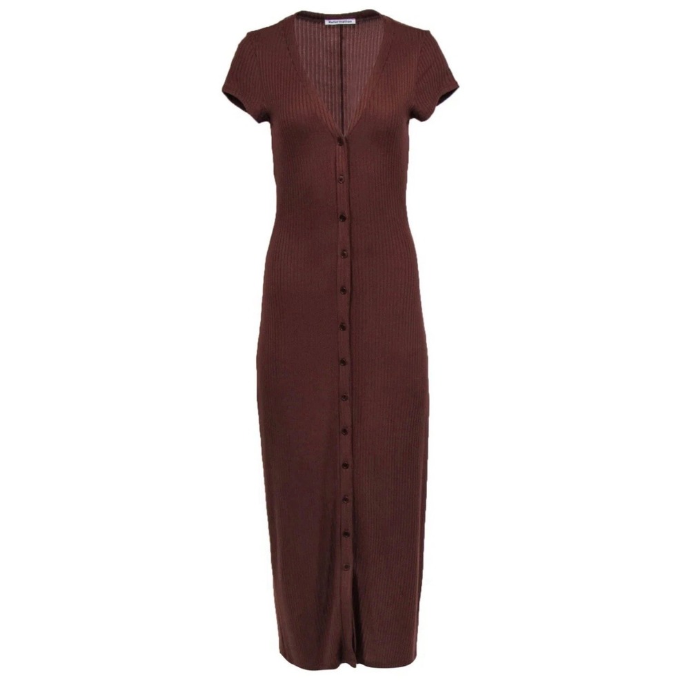 Reformation Brown Ribbed Knit Button Down Maxi Dress Short Sleeve Small summer